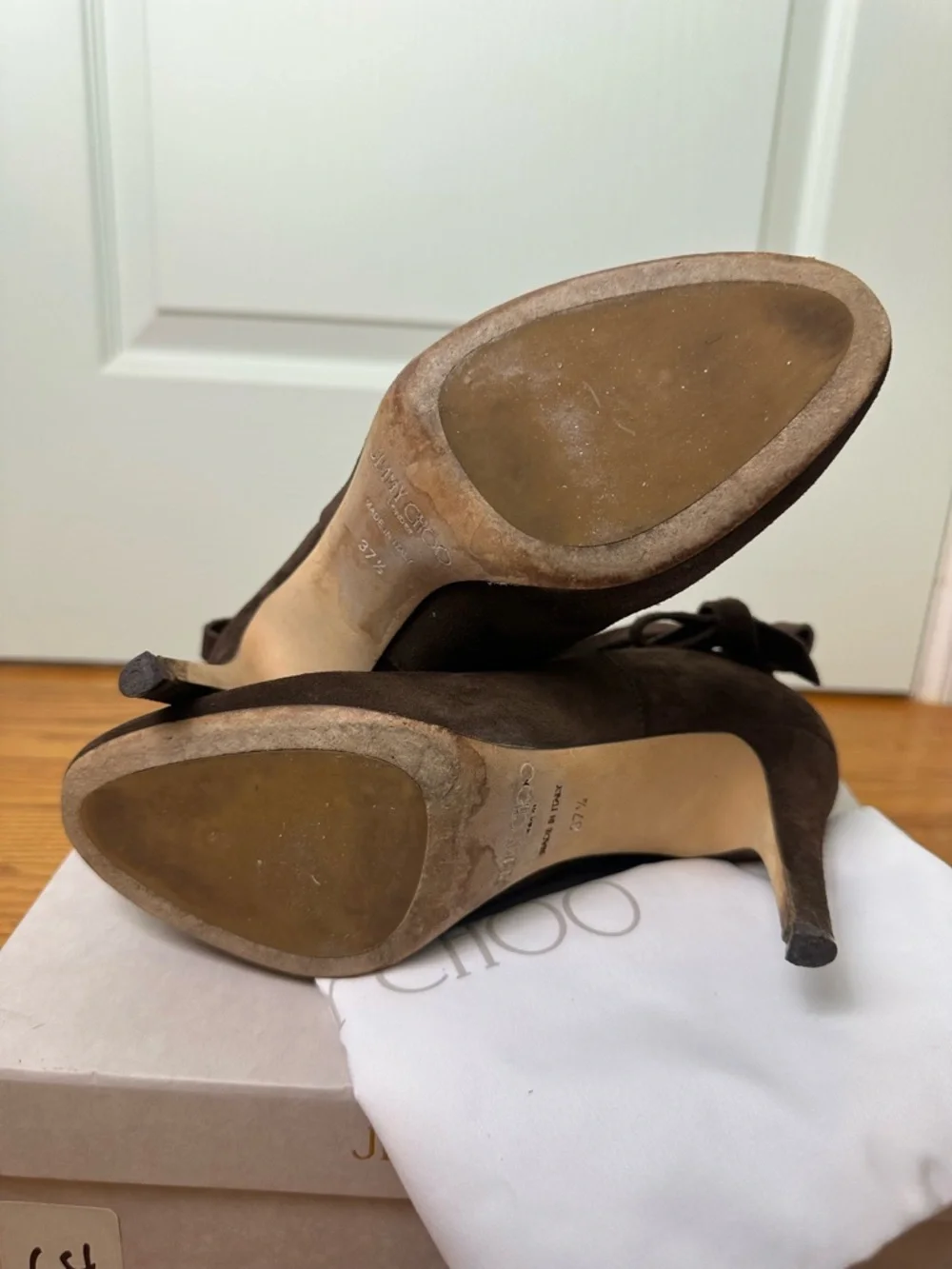 Jimmy Choo Dark Brown Marina Suede Heeled Booties 37.5 (with box & dustbag) - Picture 6 of 7